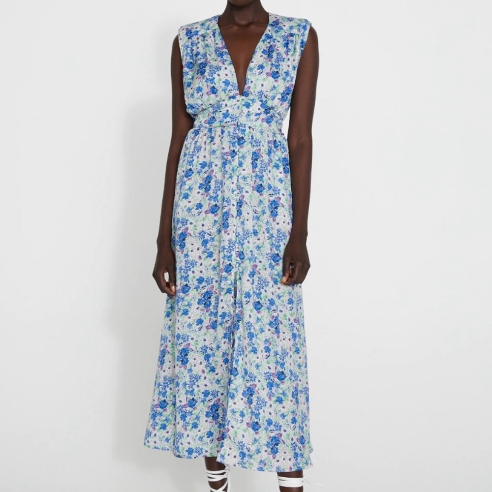 NWT Zara Floral Printed Midi Dress Sleeveless Button Front Size Medium